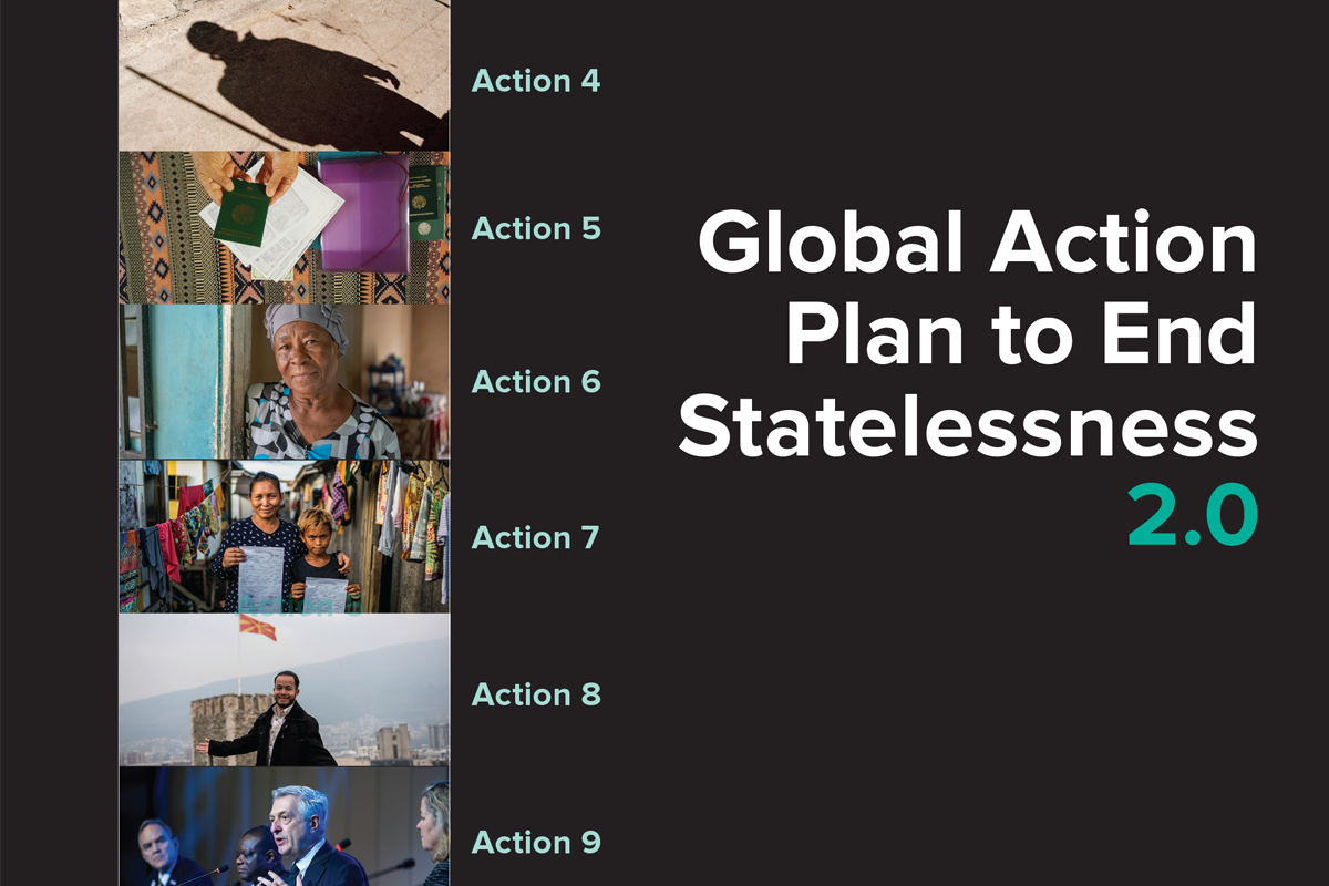 Global Action Plan to End Statelessness 2.0 cover Cover of the Global Action Plan to End Statelessness 2.0 featuring photos of stateless people.